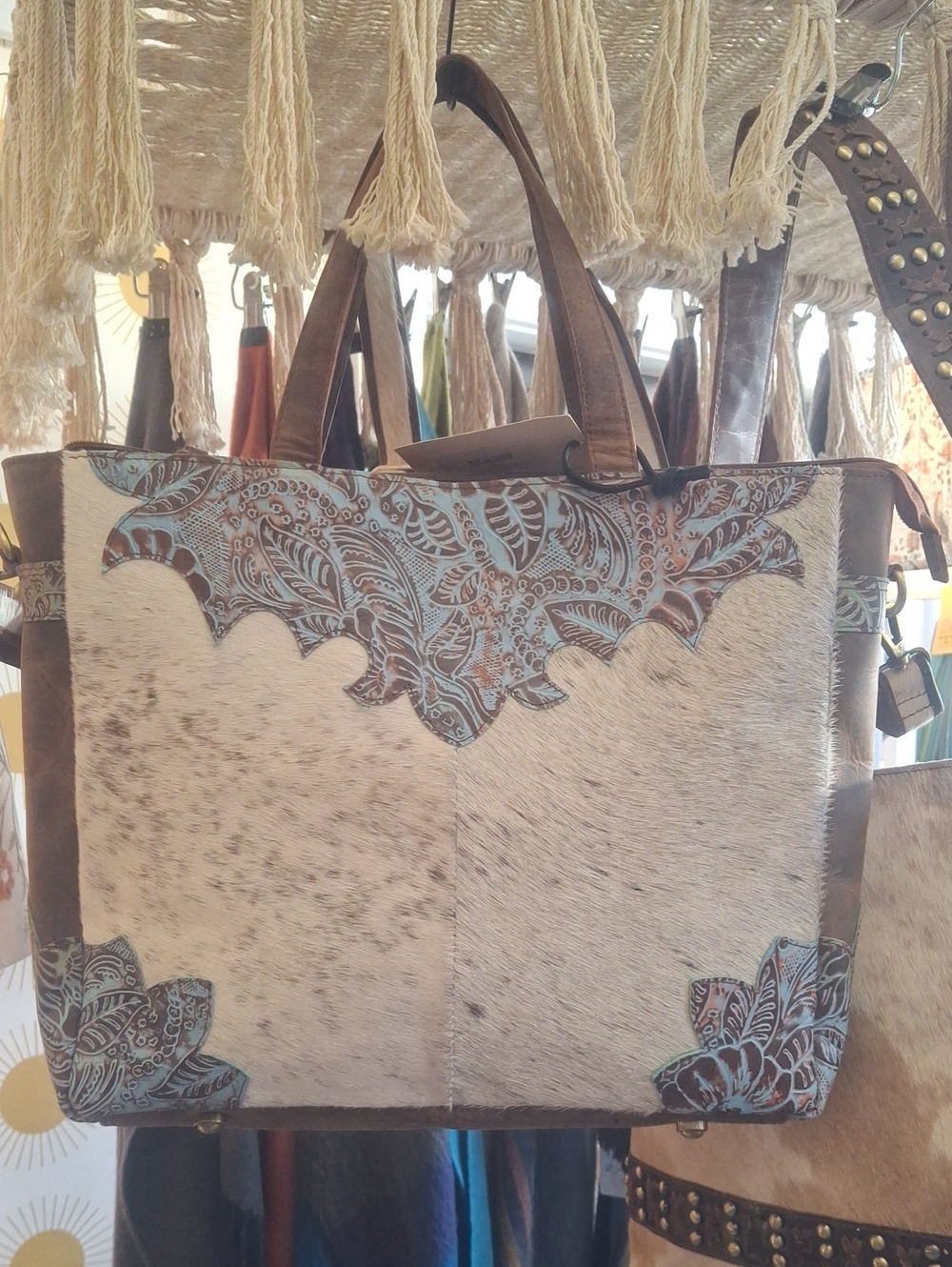Brown/Cream Leather Cowhide  Bag with Turquoise Floral Accents By Countryside Co